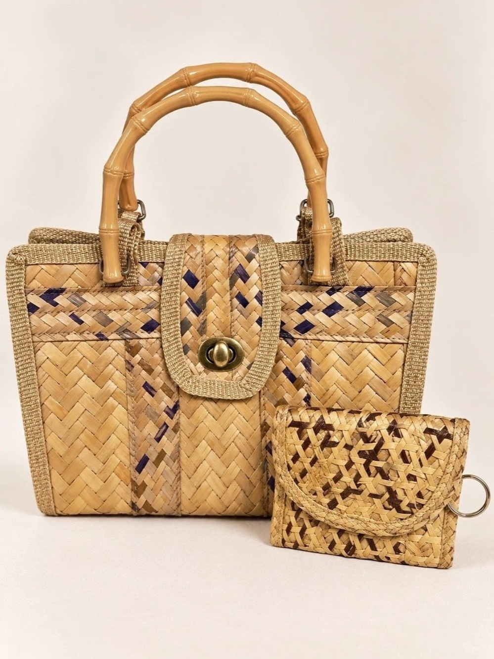 Woven Straw Bamboo Handle Handbag Matching Wallet Coastal Boho